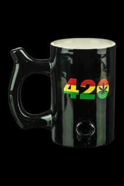 Black ceramic mug with “420” in Rastafarian colors and a built-in pipe.