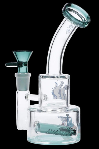 Angled close-up of the teal Cabana Cannabis Co. Ahoy Dab Rig showing its curved mouthpiece, teal bowl and internal percolator against a black background