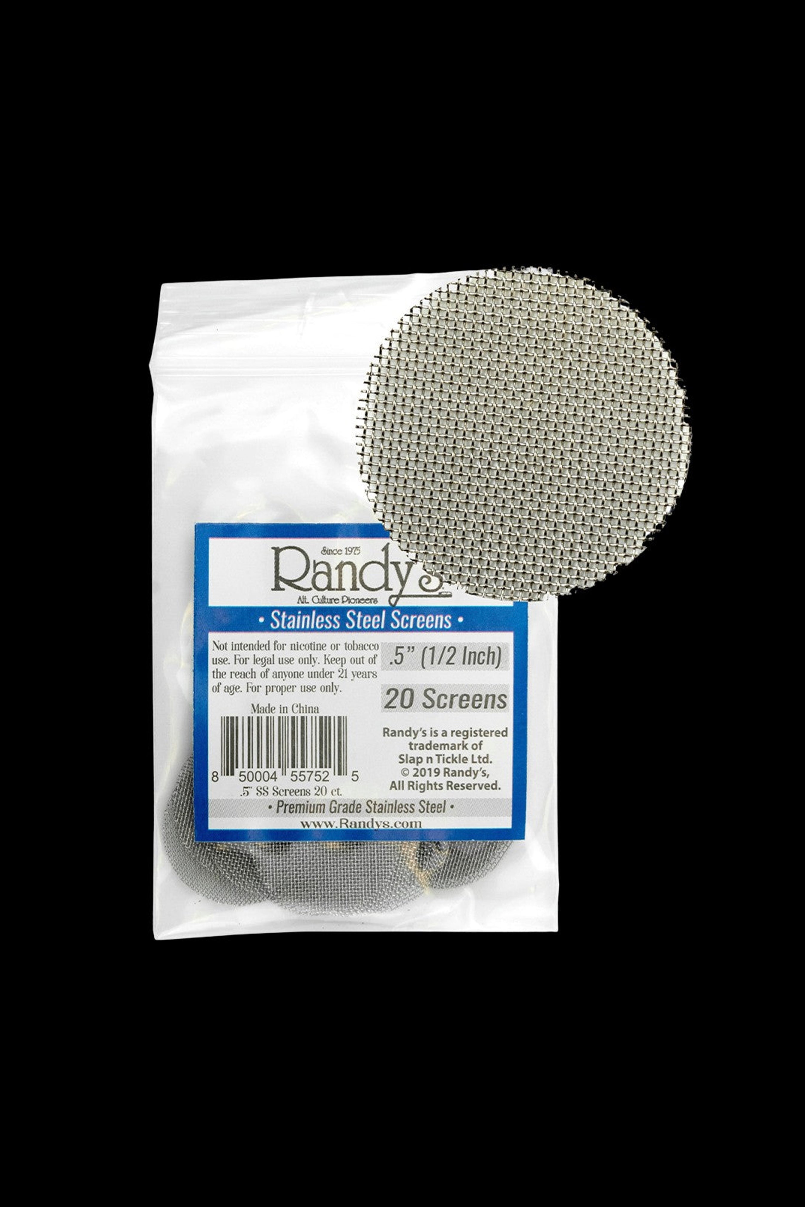 Package of Randy’s .5” stainless steel screens for smoking devices, with a single screen displayed beside it.