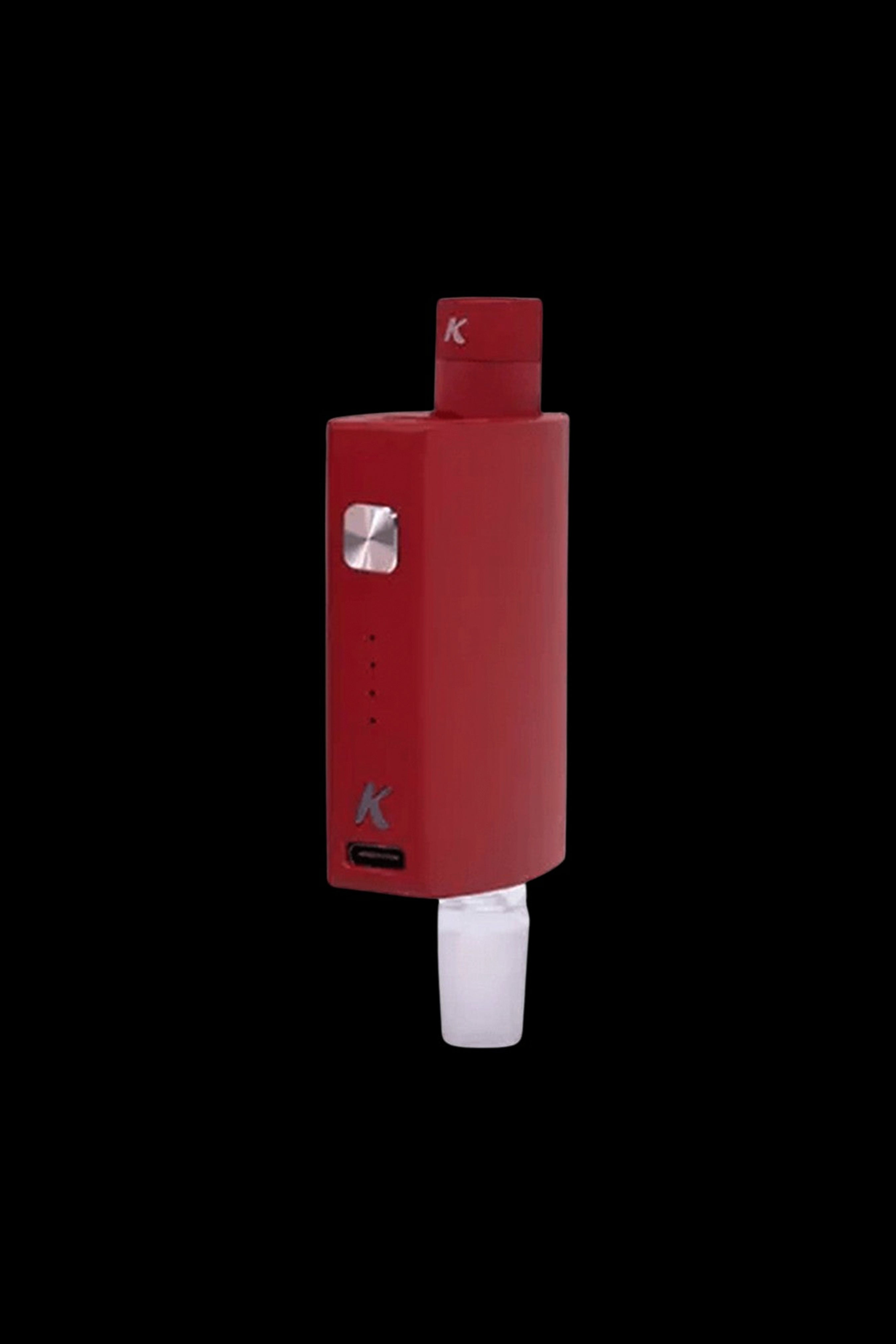 Red cannabis dab rig with glass mouthpiece against a black background.