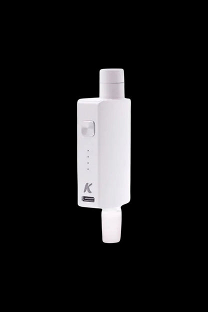 White cannabis vaporizer pen with a branded “K” logo.