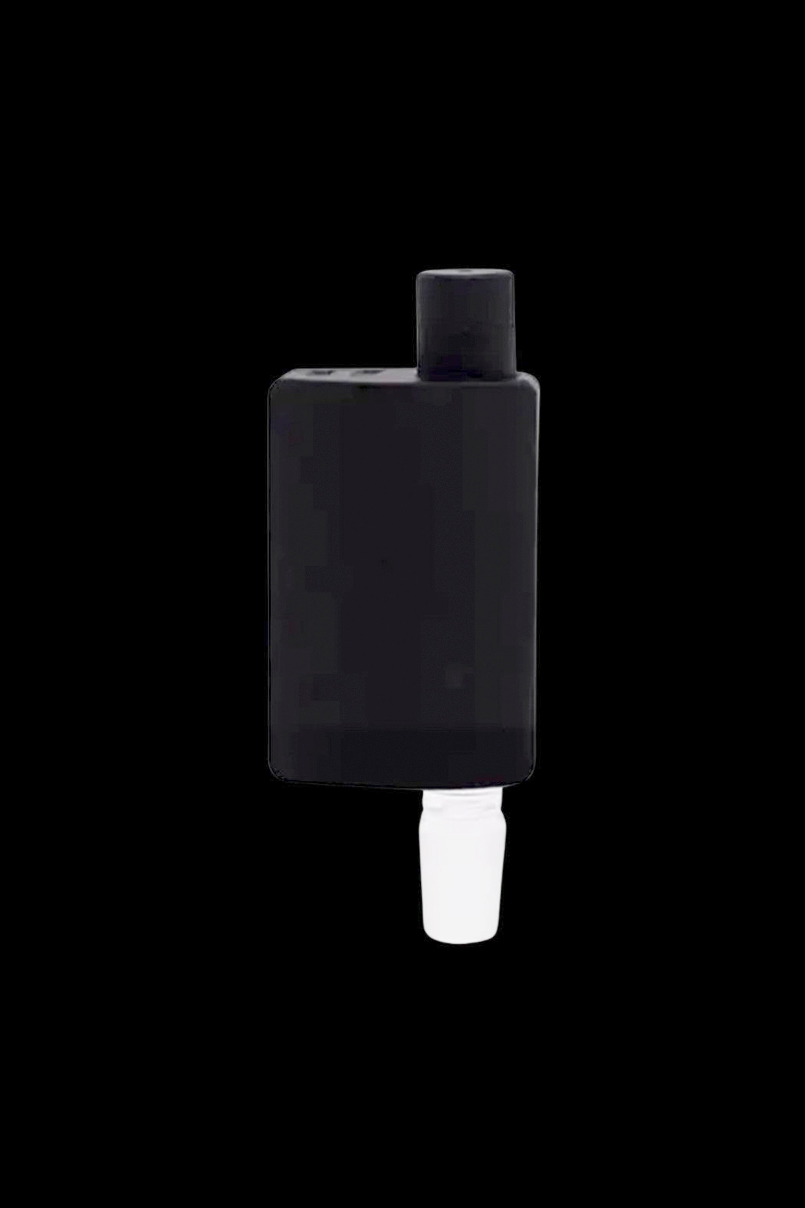 Black cannabis concentrate vaporizer pen with white ceramic tip.