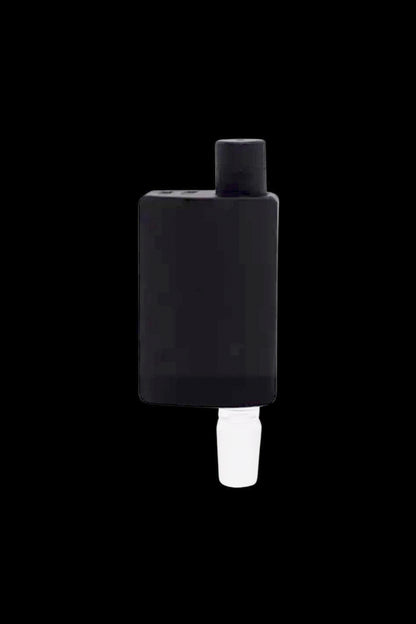 Black cannabis concentrate vaporizer pen with white ceramic tip.