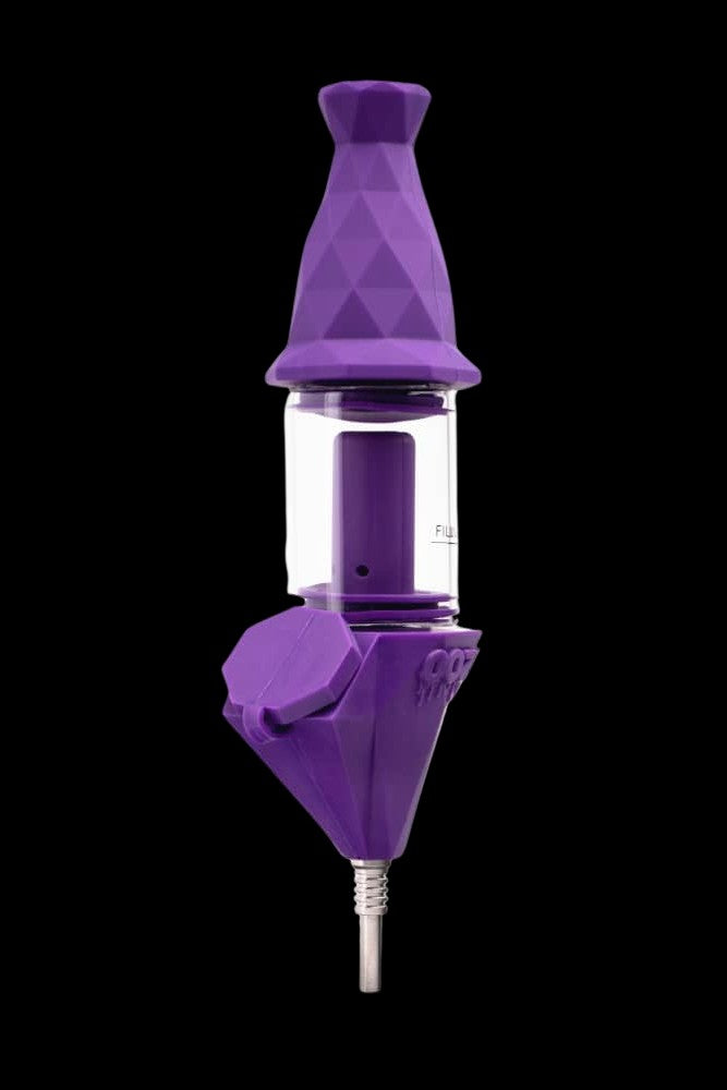Purple silicone dab rig with glass reservoir and titanium tip.