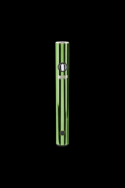 Green and silver cannabis vape pen against a black background.