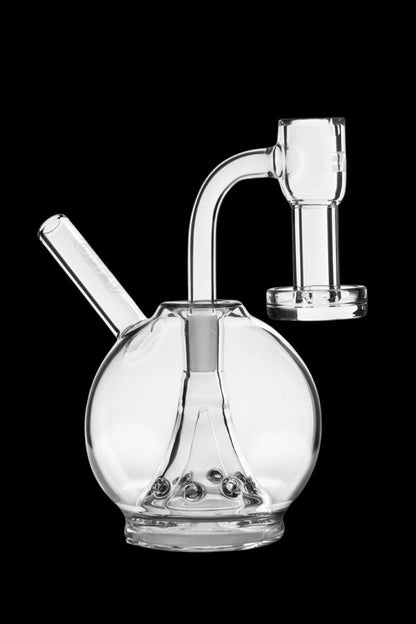 Clear glass bubbler water pipe with a spherical base and angled mouthpiece.
