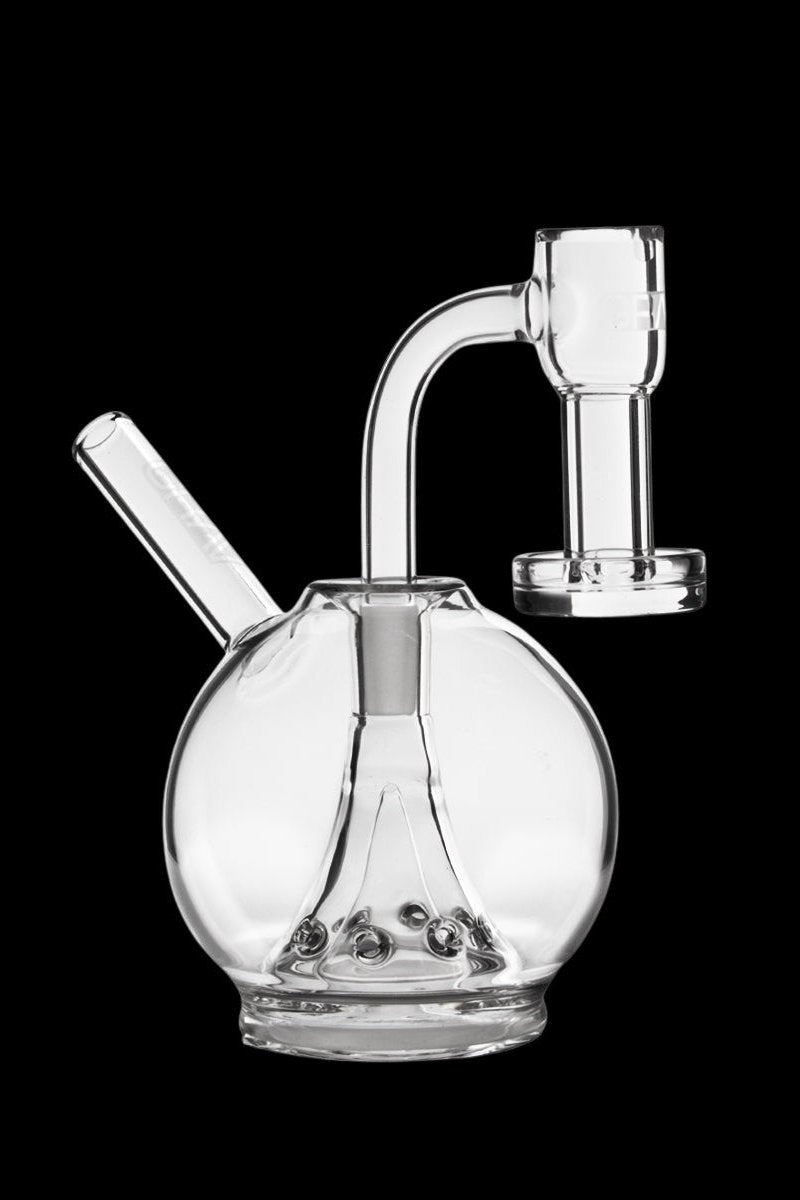 Clear glass bubbler water pipe with a spherical base and angled mouthpiece.