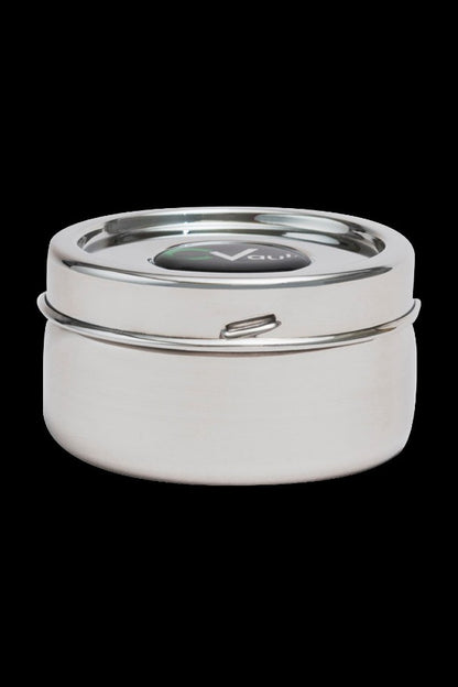 Silver cannabis storage container with a magnetic closure.