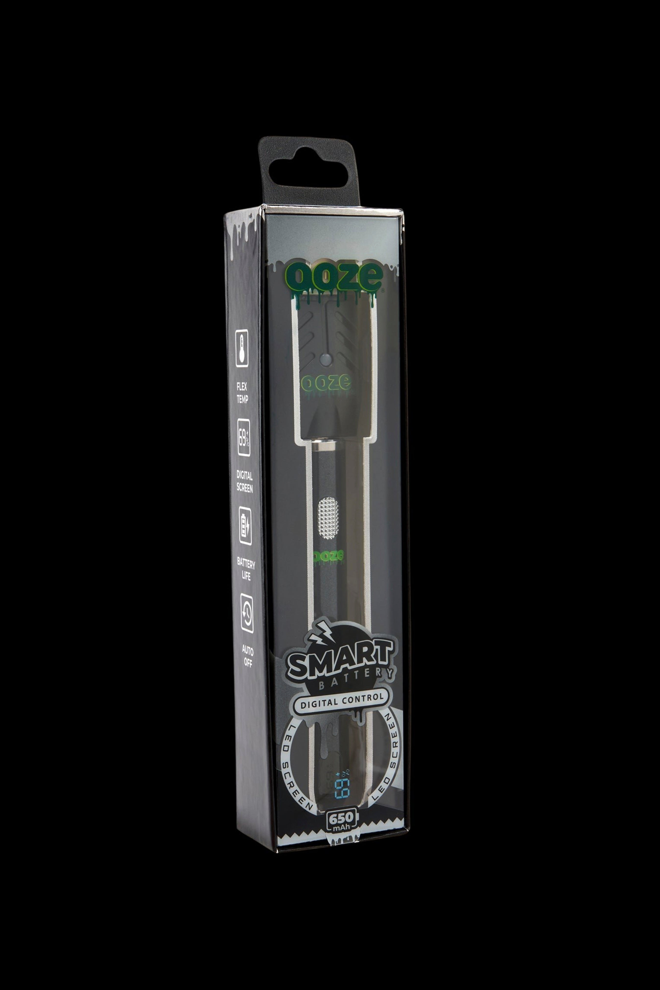 Ooze Smart Battery packaging for cannabis vape cartridges, displaying features like digital temperature control and 650mAh capacity.