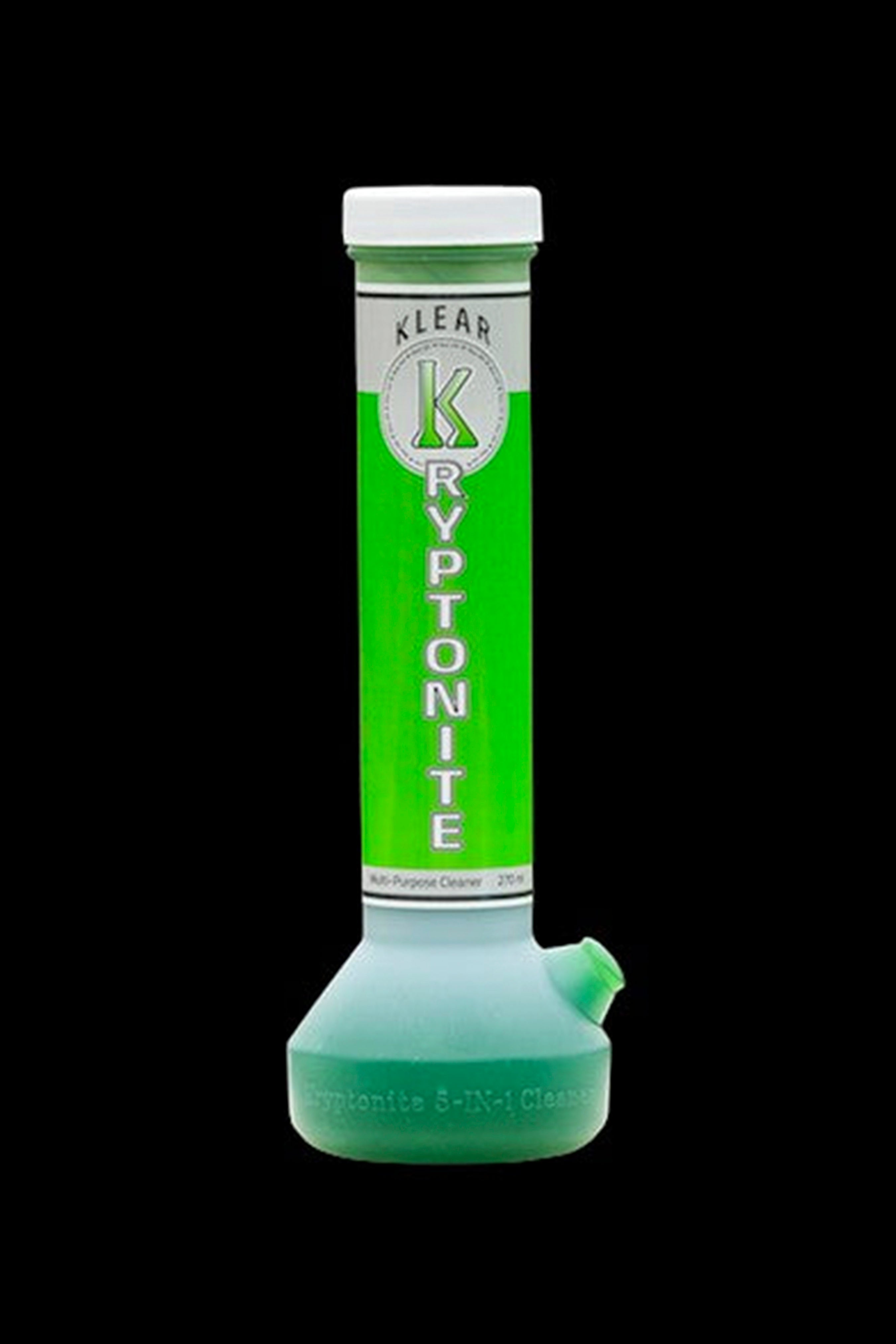 Green bottle of Klear Kryptonite all-purpose cleaner for cannabis accessories.