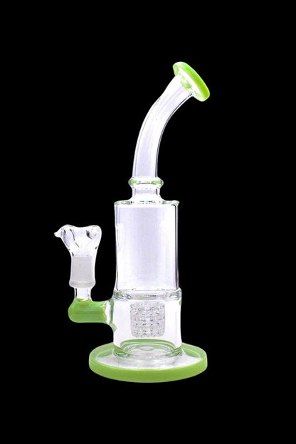 Green and clear glass water pipe (bong) with intricate design.