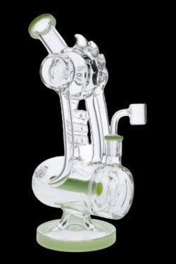 Angled front view of the Bent Neck Bong w/ Bowl & Banger showing a clear glass bent neck rig with subtle pale green accents against a black backdrop.