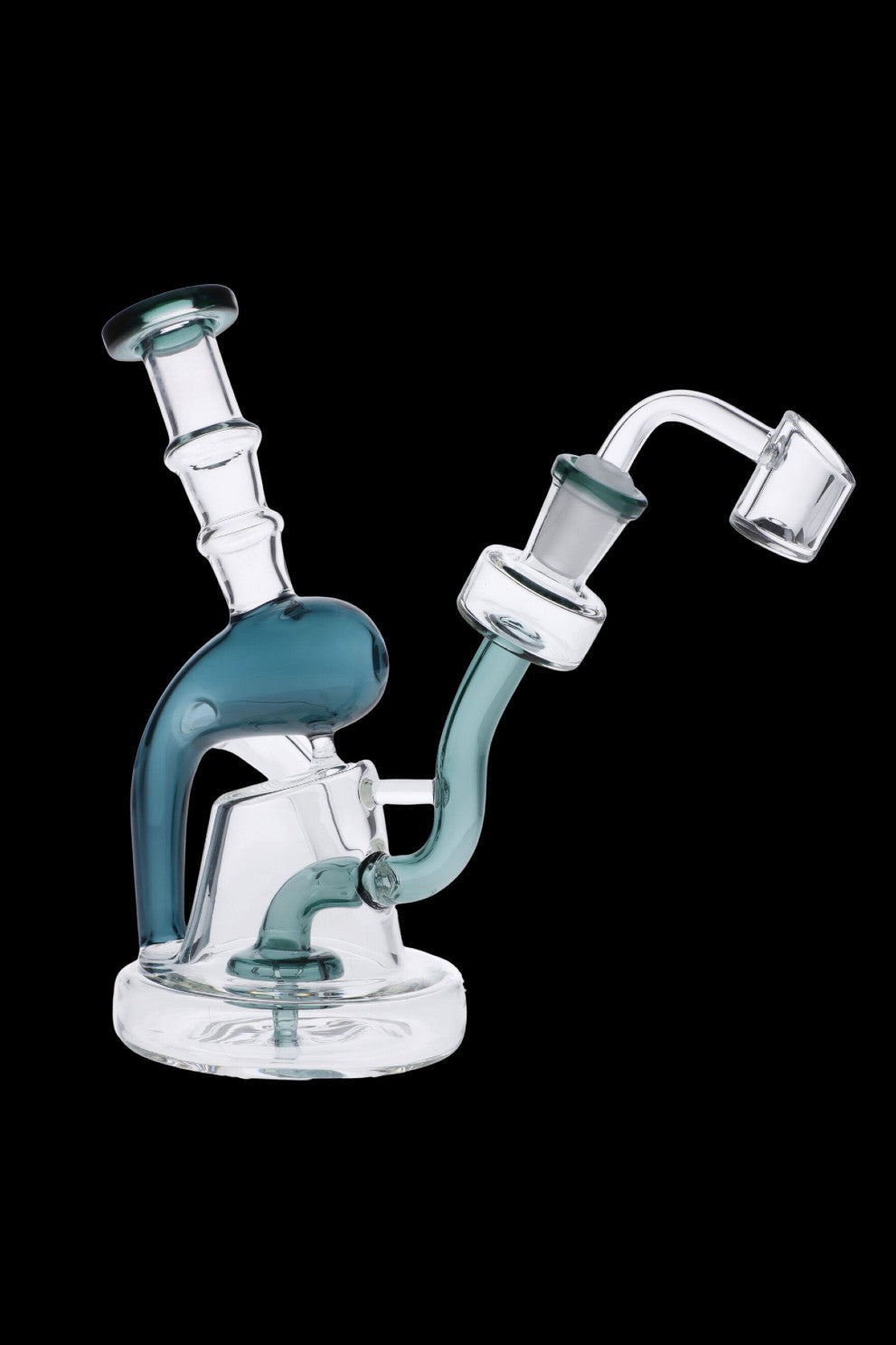 Blue and clear glass dab rig with intricate curves and a quartz banger.