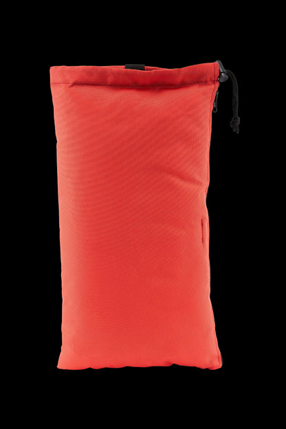 Red smell-proof bag with a drawstring closure.