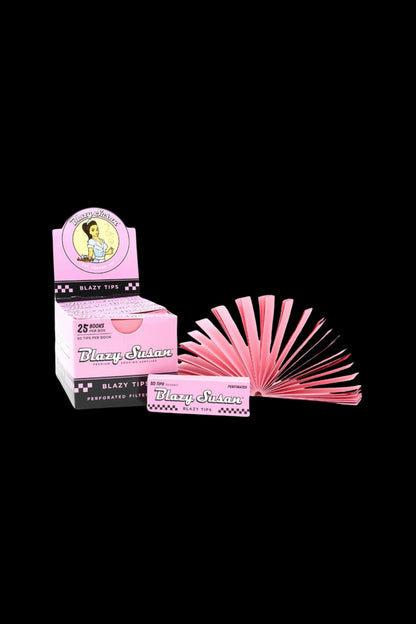 Pink “Blazy Susan” perforated rolling machine filter tips displayed with packaging.