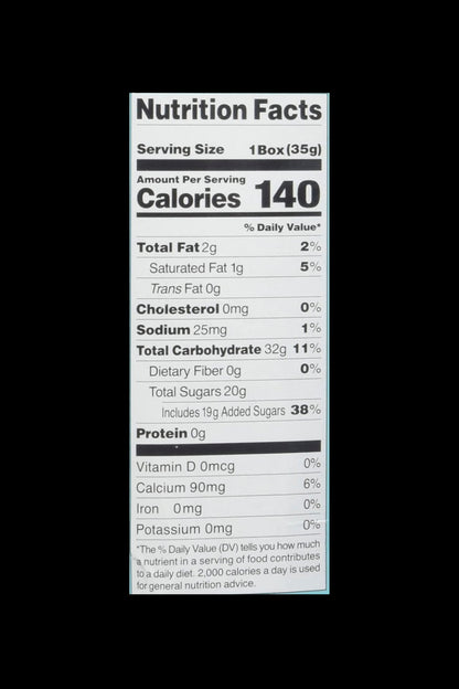 Close-up of a nutrition facts label displaying calorie and nutrient information, likely for a cannabis edible product."