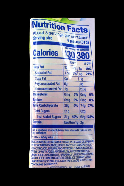 Close-up of a nutrition facts label for cannabis-infused gummies, detailing calorie, fat, carbohydrate, and sugar content per serving and container.