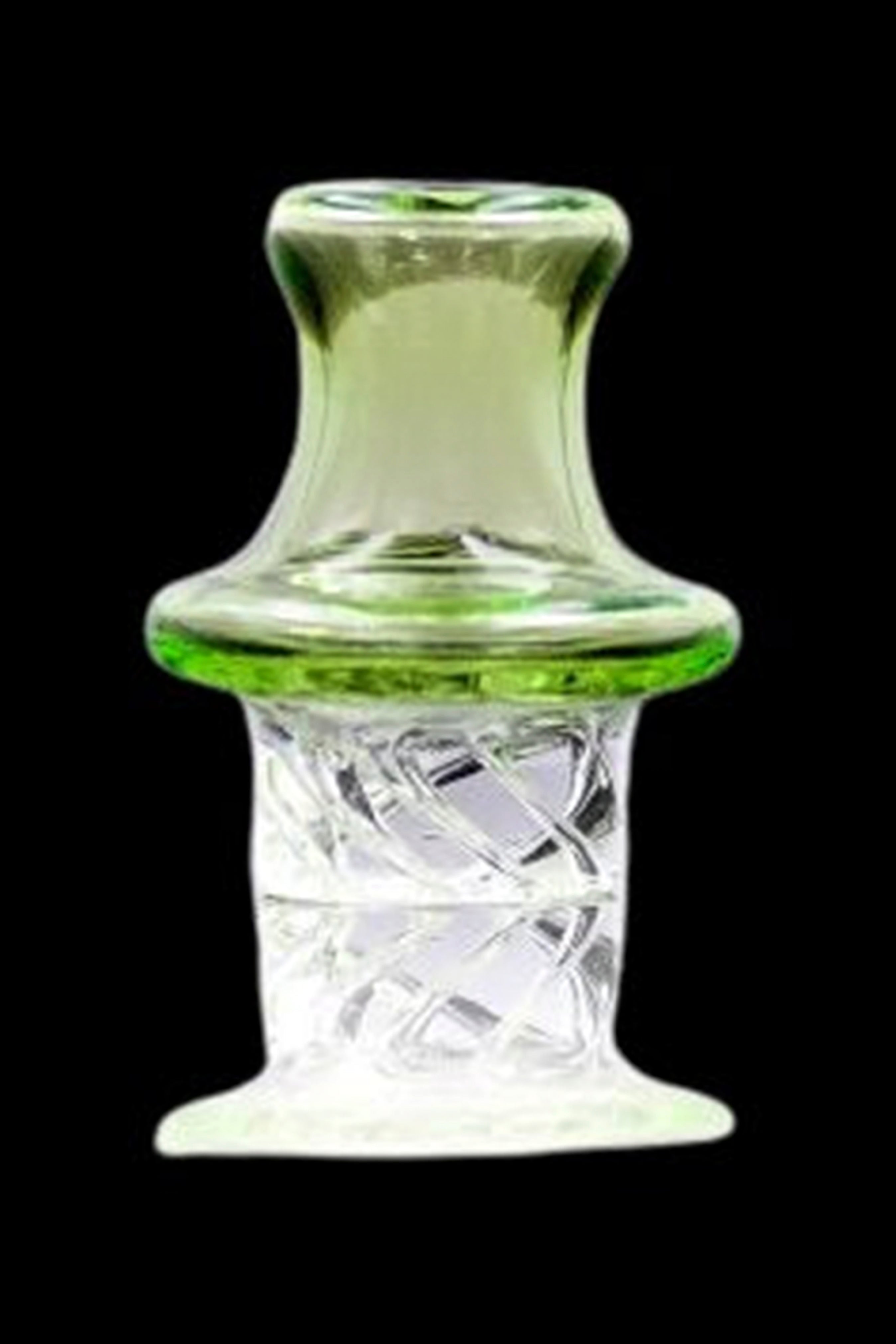 Close-up front view of the translucent green-tinted The Stash Shack UFO Spinning Carb Cap against a black background.