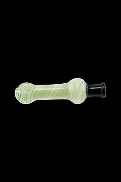 Side view of a pale green Glass Flat Mouth Nectar Collector w/ 10mm Tip – Spiral Mix with black mouthpiece and thin spiral striping on a black background