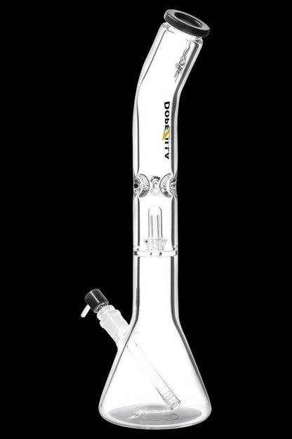 Tall front view of a clear Dopezilla Titans Promethus Bong against a black background, showing its beaker base, angled neck, and downstem.