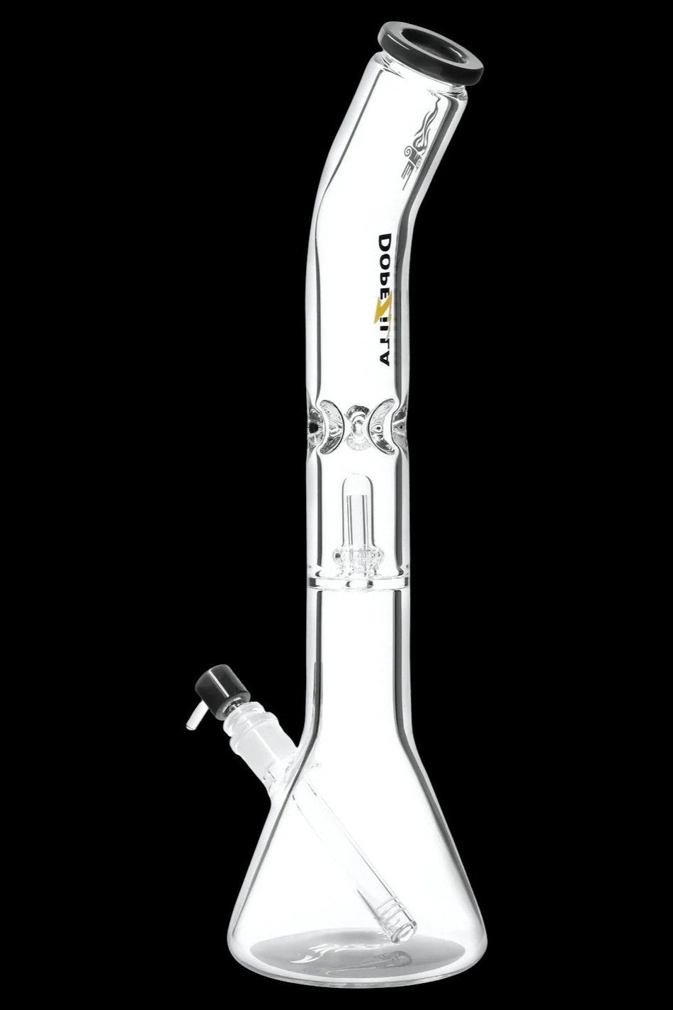 Tall front view of a clear Dopezilla Titans Promethus Bong against a black background, showing its beaker base, angled neck, and downstem.