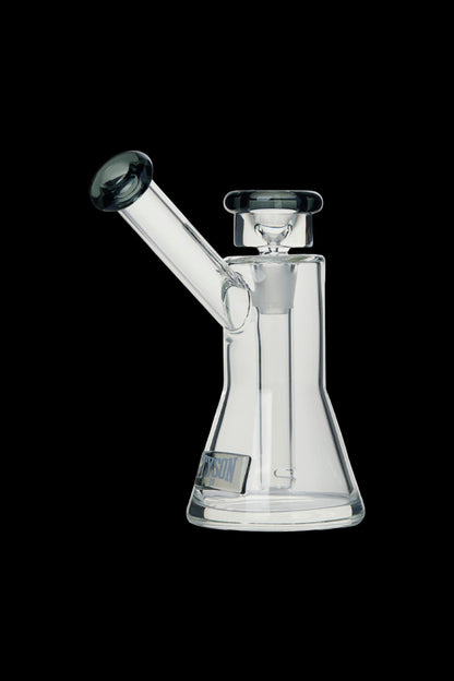 Clear glass water pipe (rig) with a flared base and angled mouthpiece.