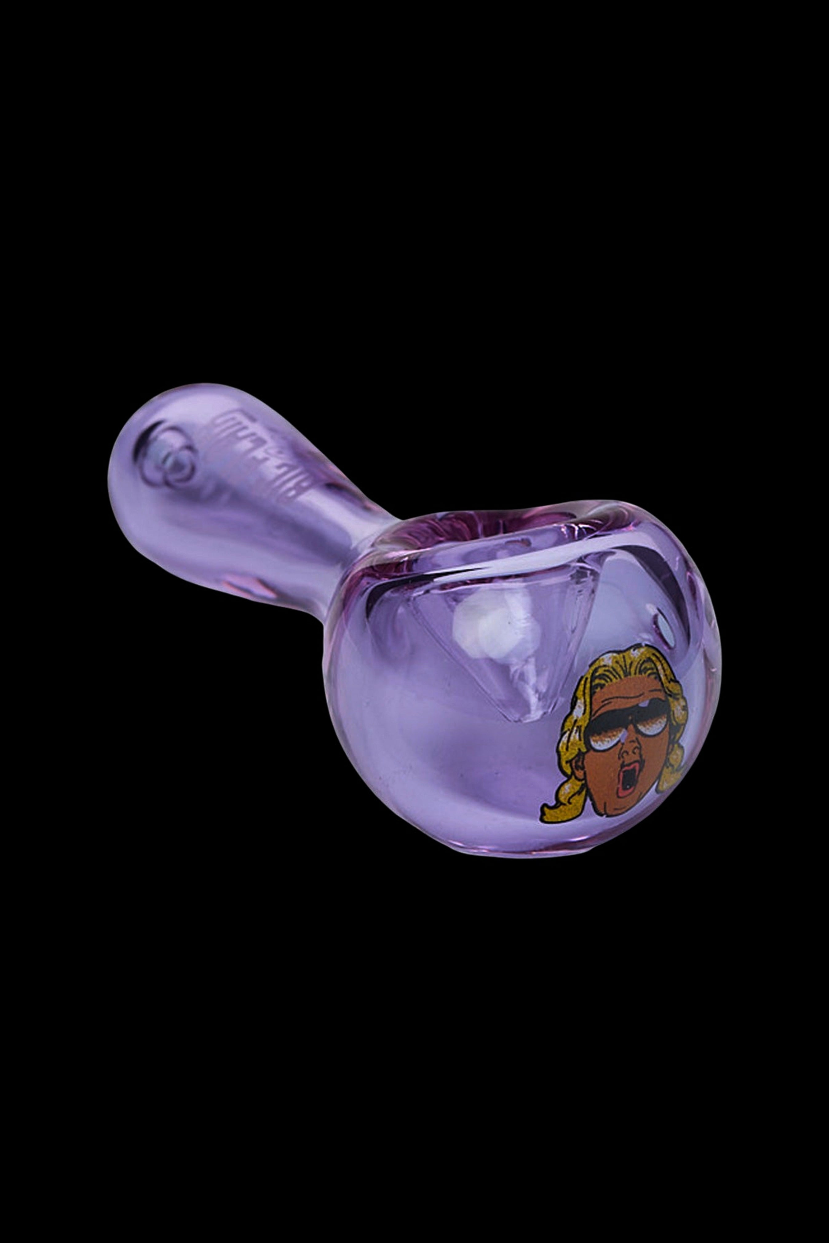 Purple glass pipe with Rick Sanchez character art.