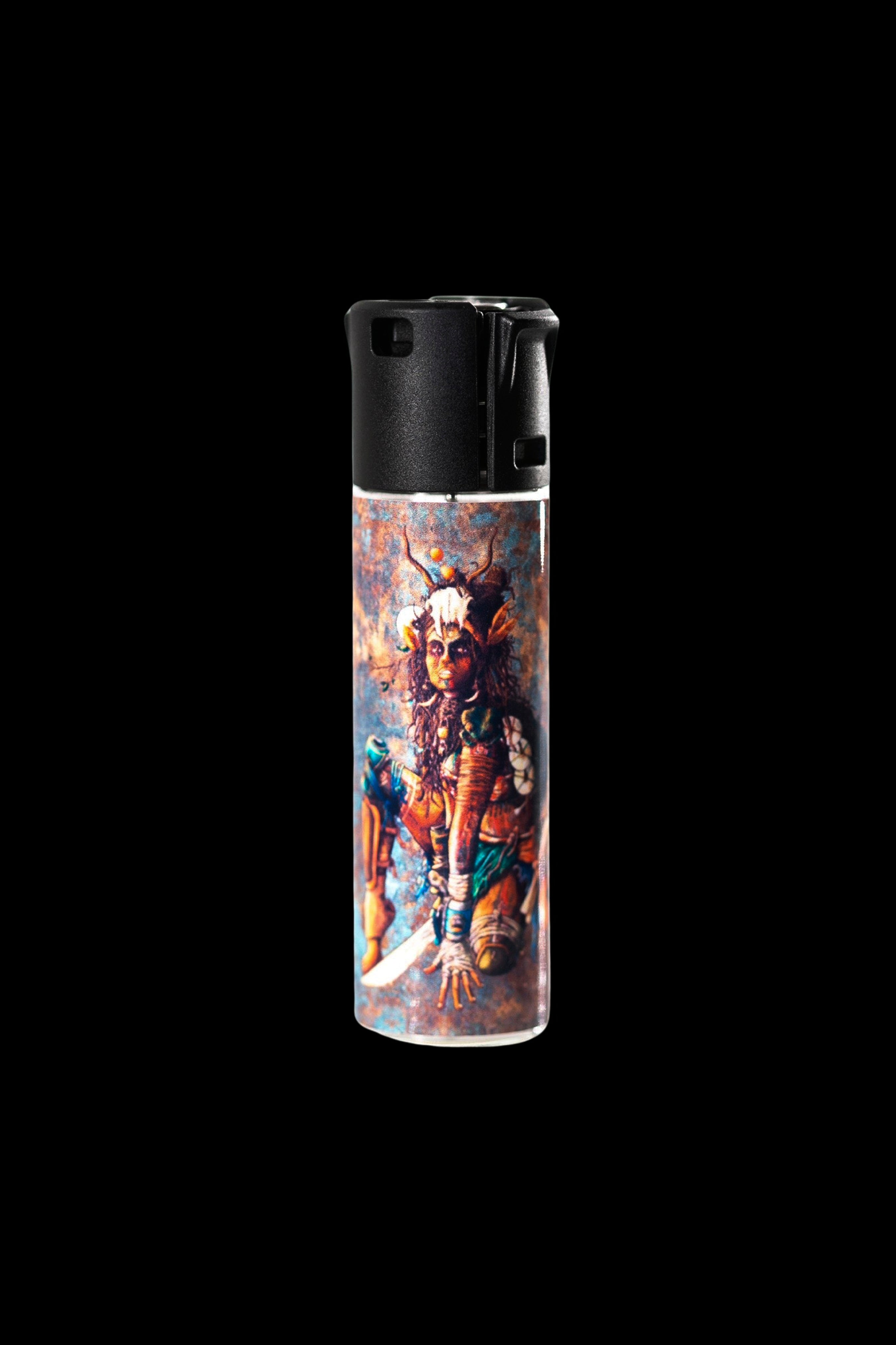 Plastic lighter with a colorful, detailed illustration of a warrior goddess.