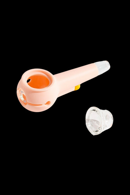 Peach-colored silicone pipe with a removable glass bowl.