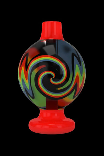 Vibrant glass cap with swirling rainbow pattern, likely for a dab rig.
