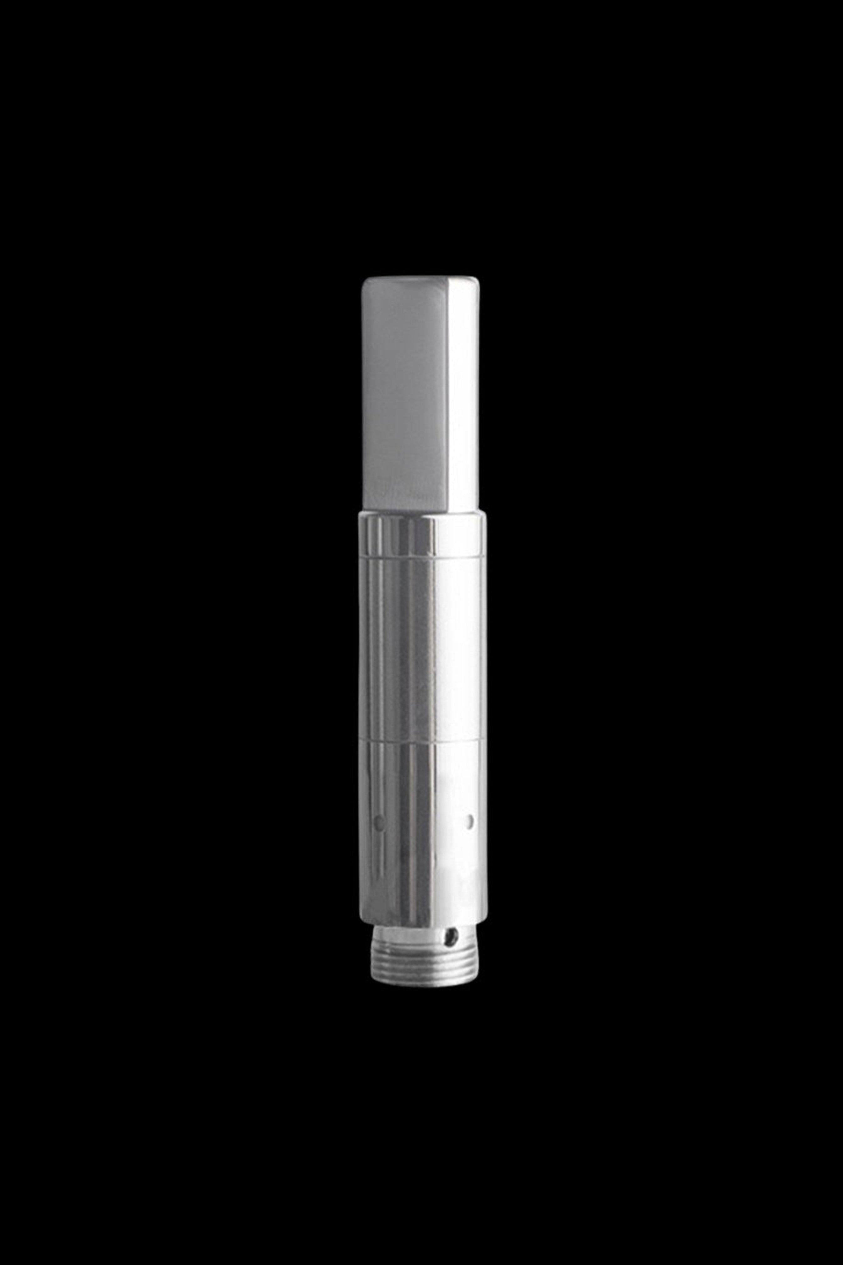 Silver cannabis oil vaporizer cartridge on a black background.