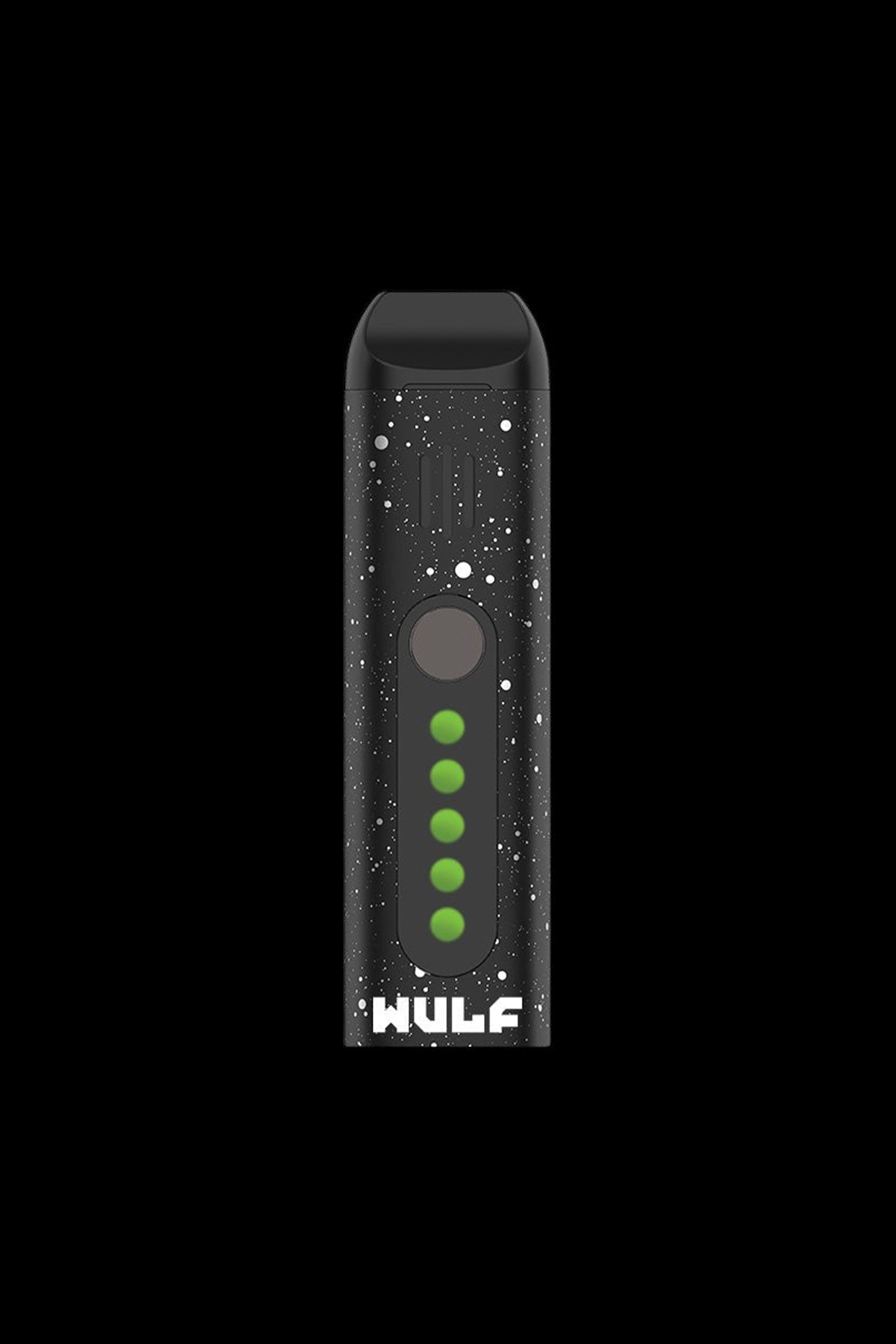 Black cannabis vaporizer pen with green indicator lights and “HULP” branding against a dark background.