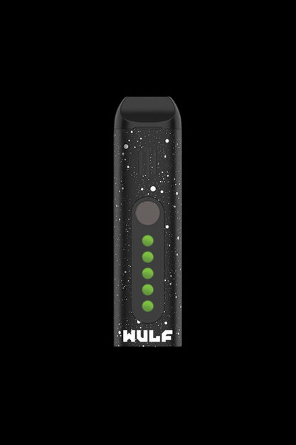 Black cannabis vaporizer pen with green indicator lights and “HULP” branding against a dark background.