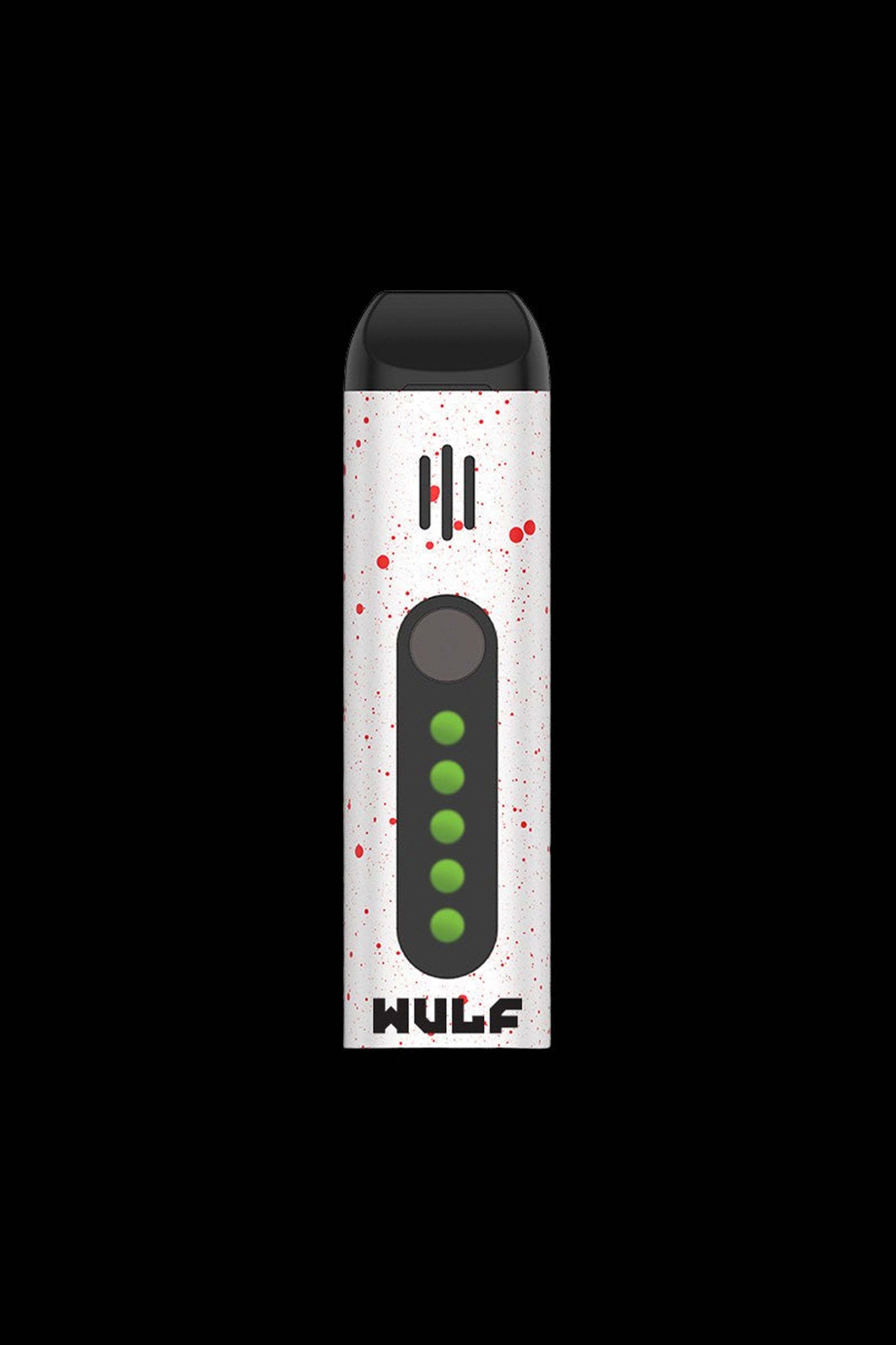 A studio shot of the Wulf Mods Flora Portable Dry Herb Vaporizer, showcasing its sleek, silver design against a black background.