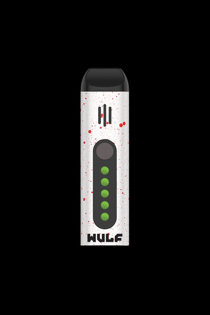 A studio shot of the Wulf Mods Flora Portable Dry Herb Vaporizer, showcasing its sleek, silver design against a black background.