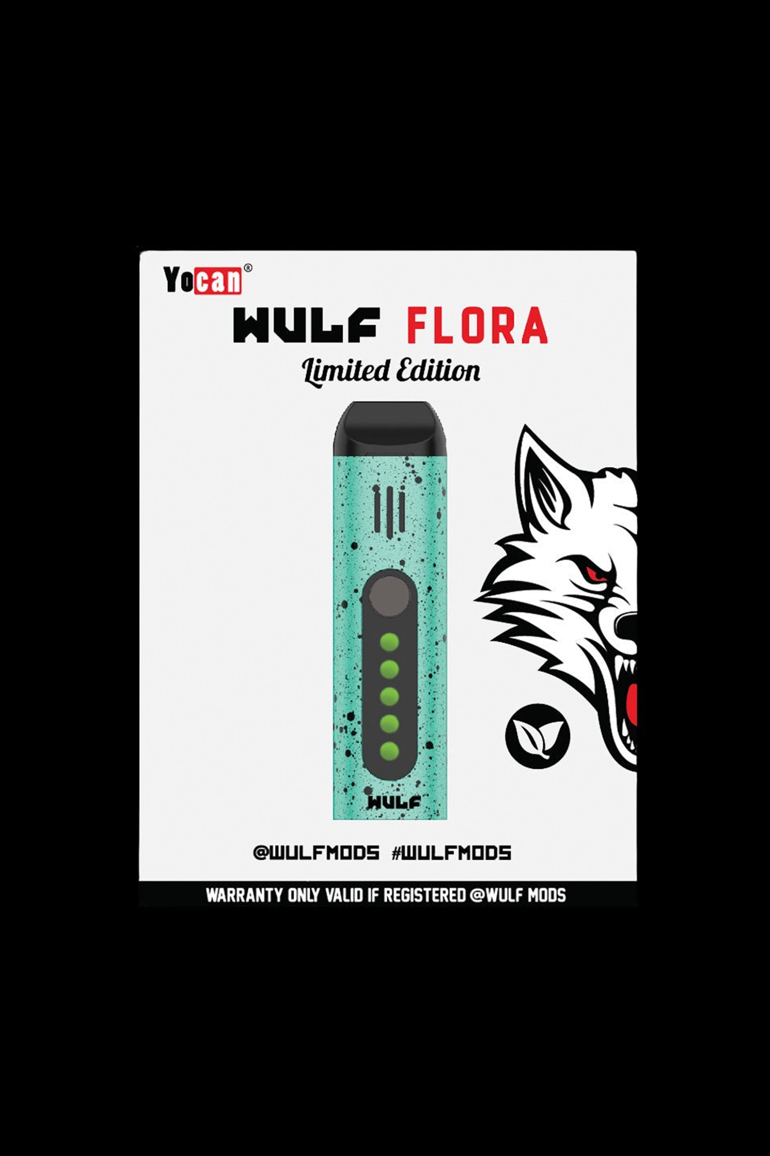 Yocan Wulf Flora limited edition vape pen with a wolf graphic, marketed for cannabis use.