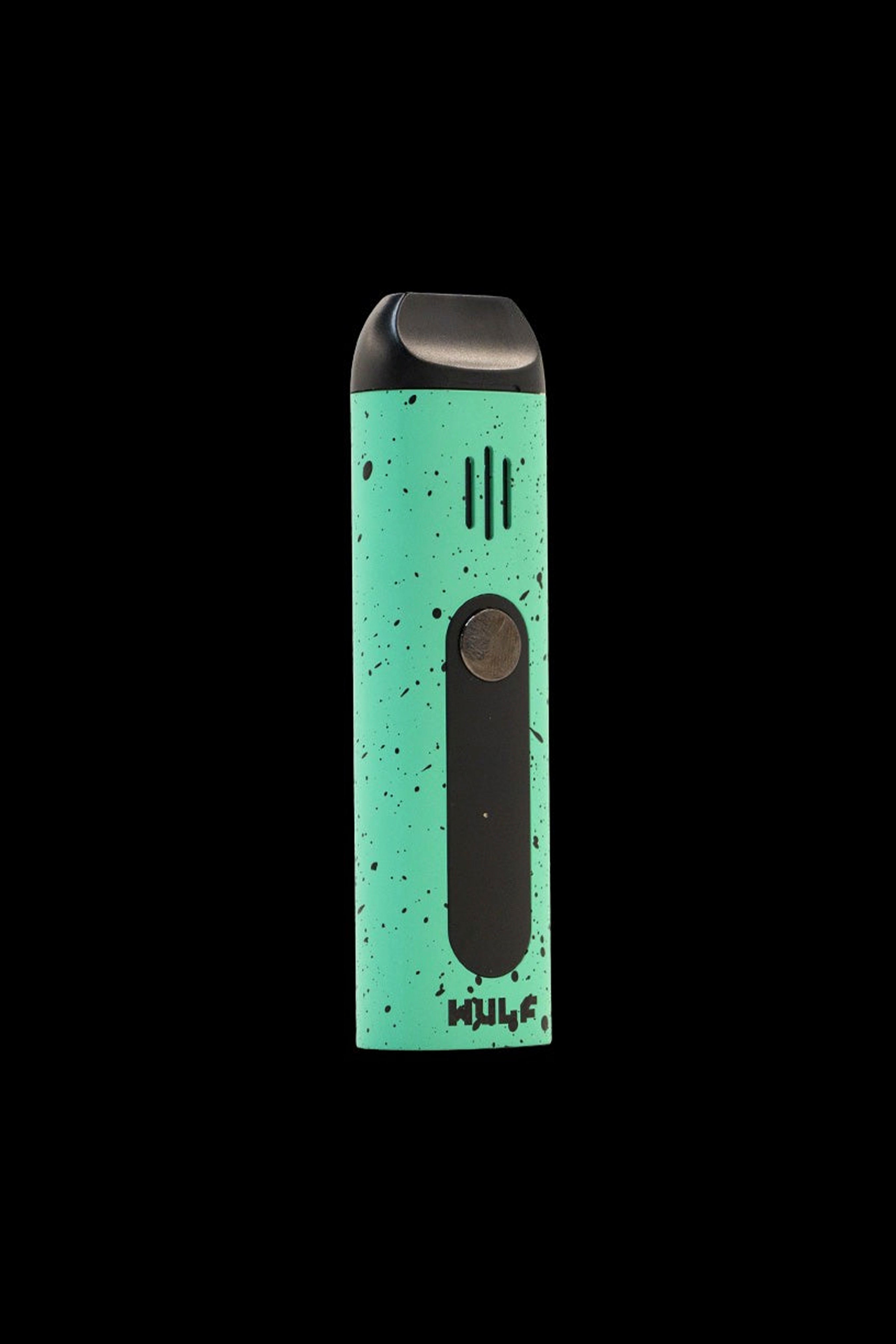 A teal cannabis vape pen with black accents, featuring the “Hulf” logo.