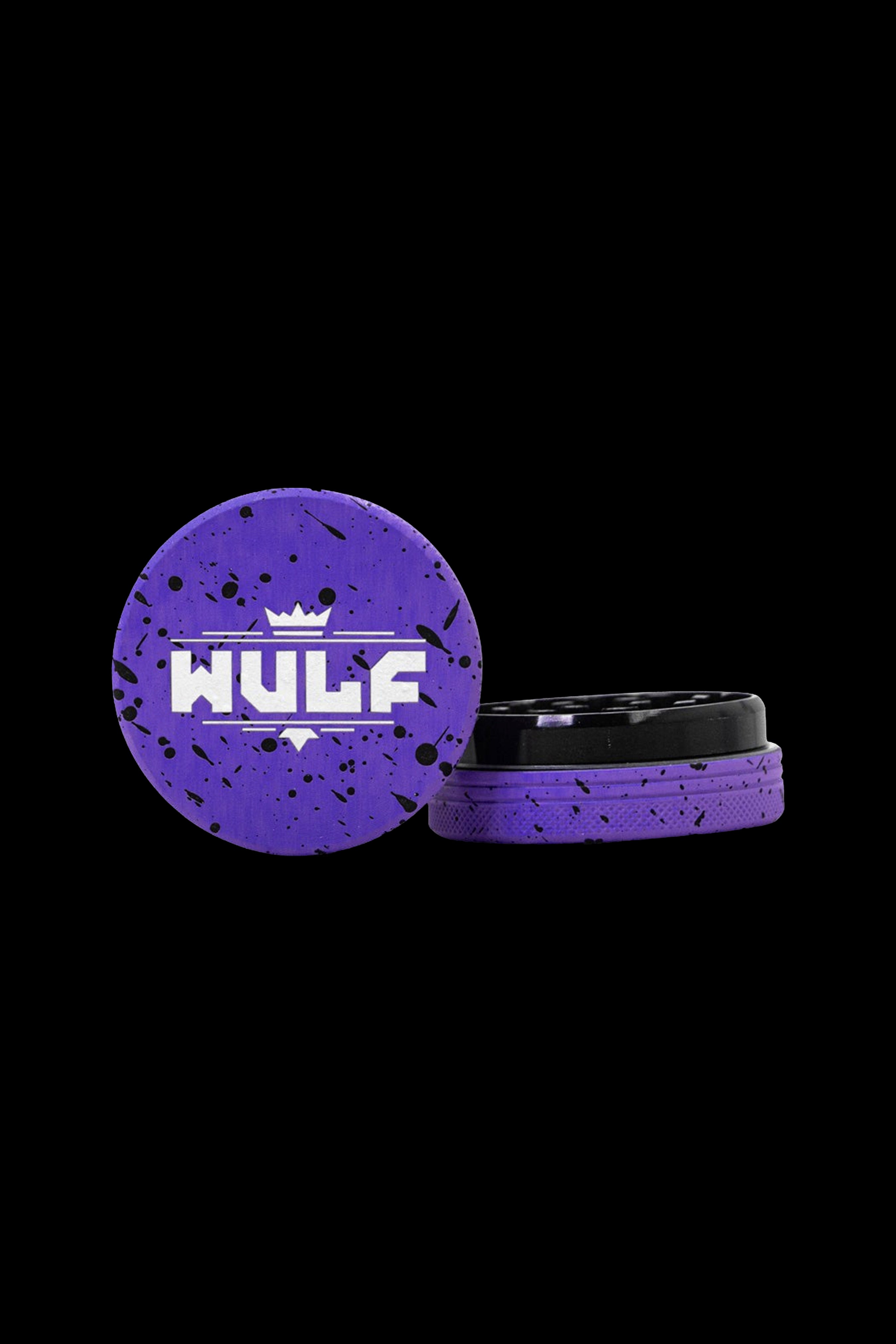Purple cannabis grinder with “HULF” logo open on a black background.
