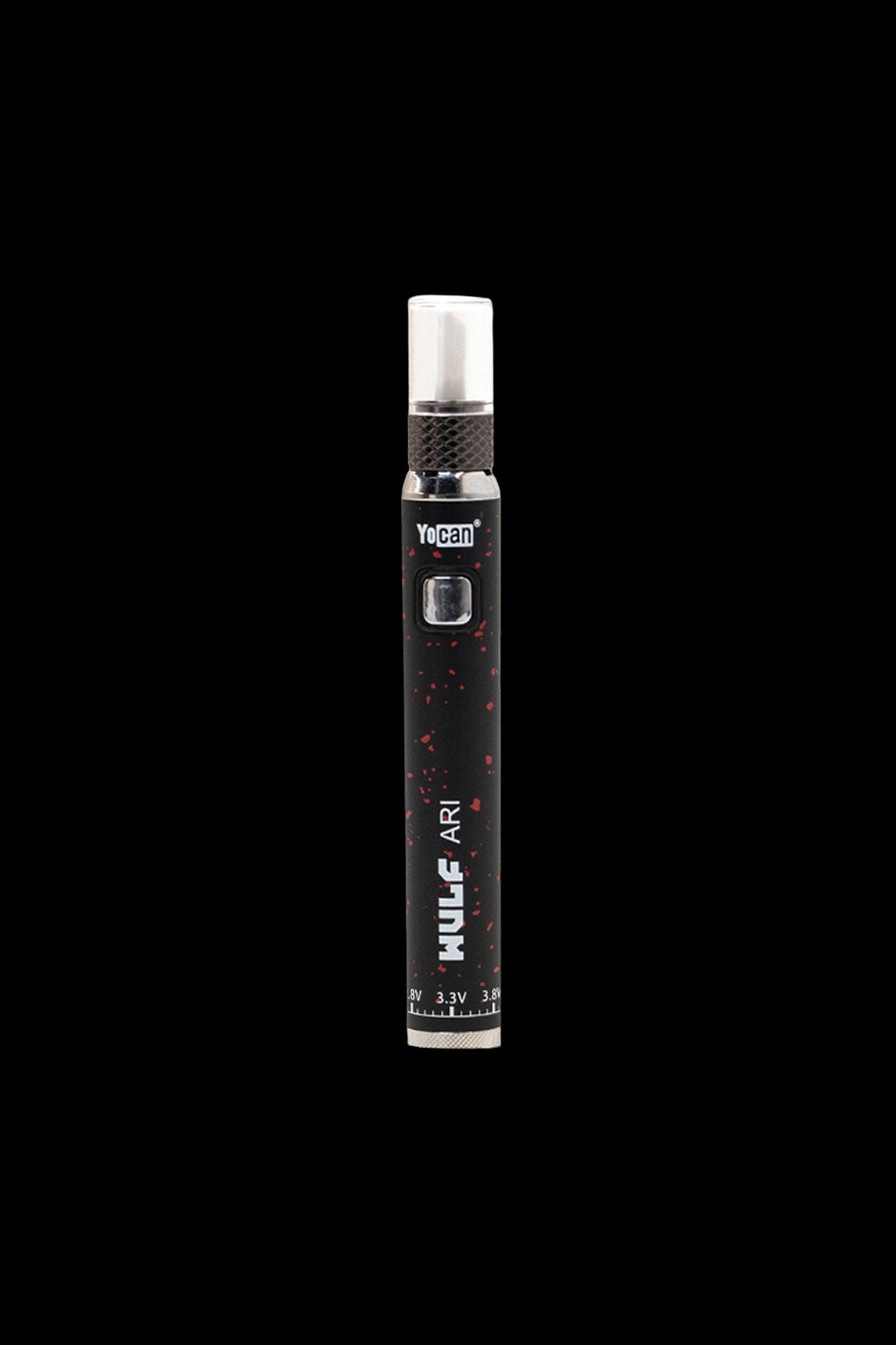 Yocan Evolve Plus disposable vape pen with a red splatter design, isolated on a black background.