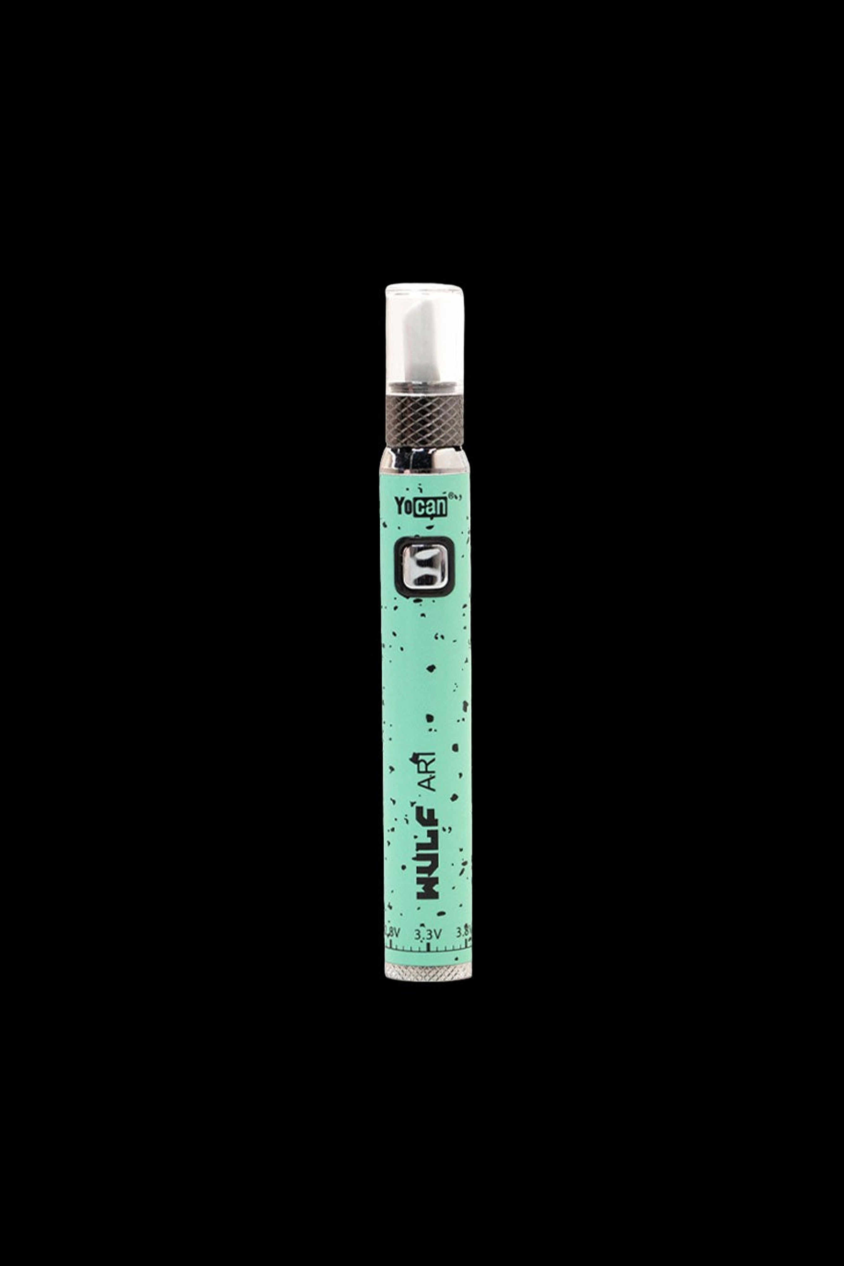 Green Yocan vape pen isolated on a black background.