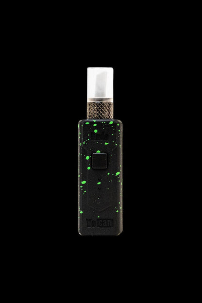 Black and green cannabis oil vape pen with a glass mouthpiece, displaying the “Yocan” logo.
