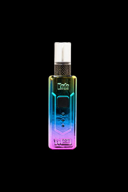 Iridescent cannabis vaporizer with a glass mouthpiece, isolated on a black background.
