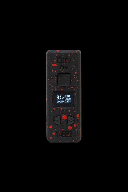 Yocan Evolve Plus battery display with red splatter design.