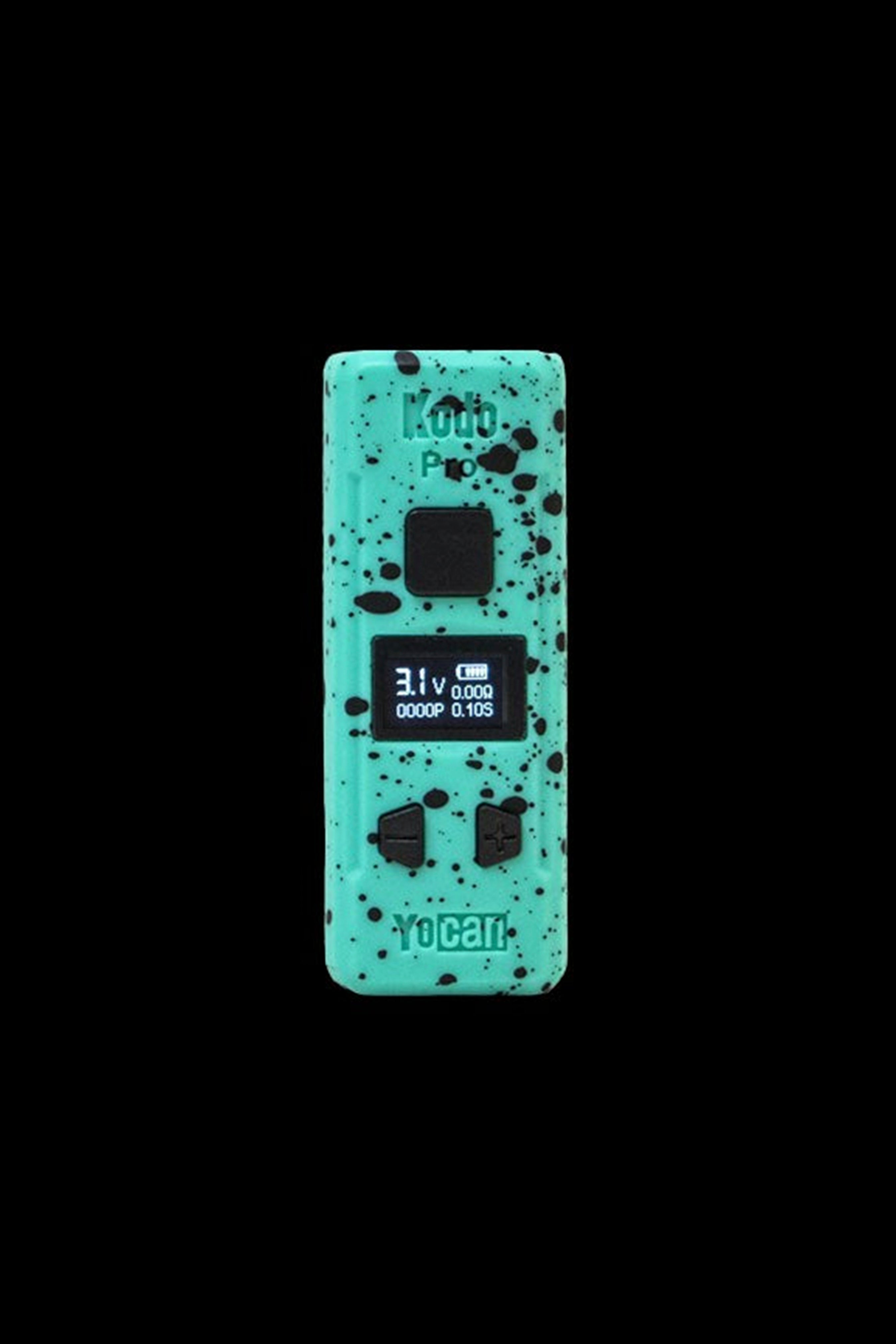 Yocan Kodo Pro cannabis oil vape battery with teal and black splatter design.