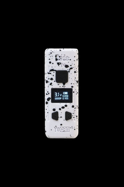 Yocan Evolve Plus battery with digital display and speckled white finish.