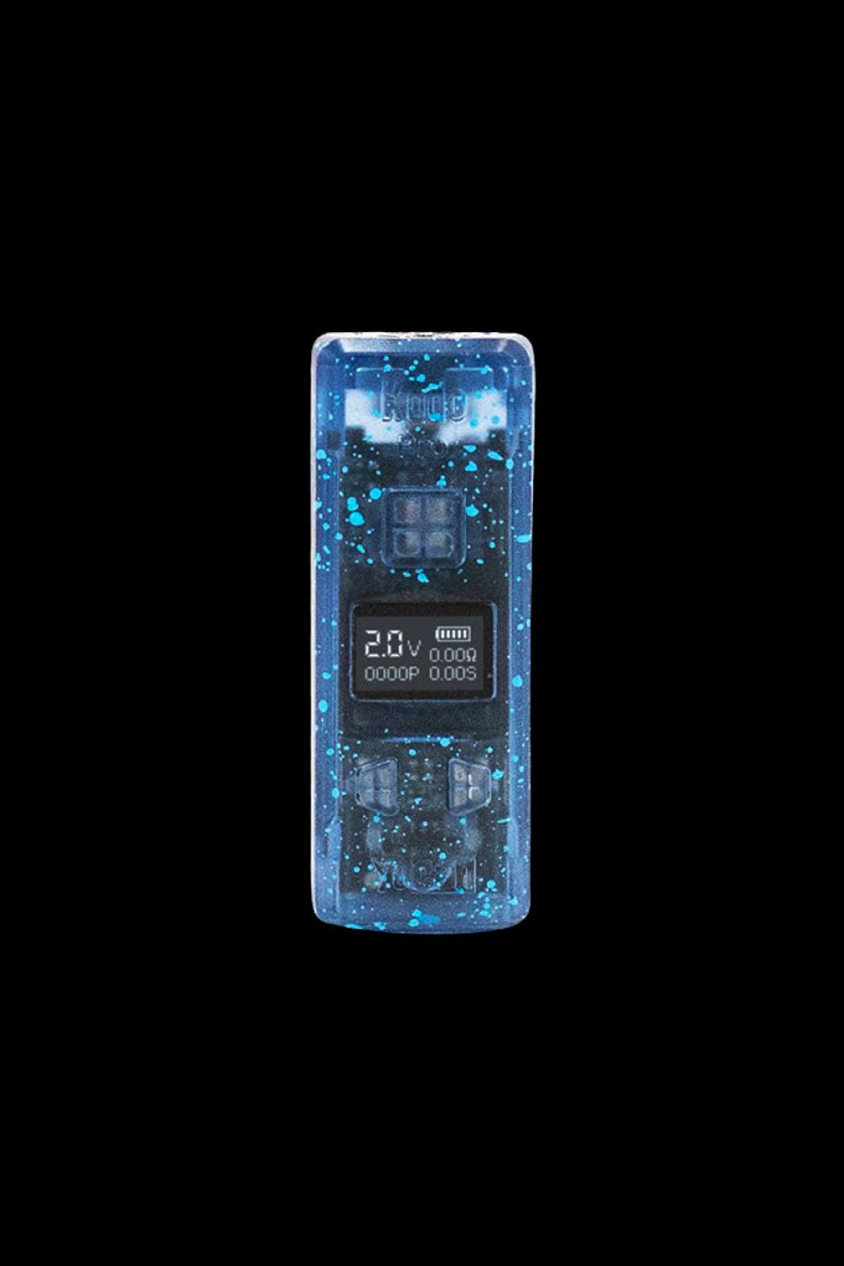 Blue cannabis vape pen with digital display showing voltage and power.