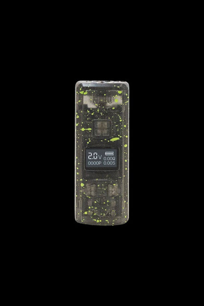 A cannabis vape pen with a speckled, translucent yellow and green design, displaying a digital screen with voltage and power readings.