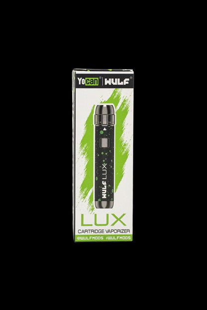 Product packaging for a Yocan Wulf Lux cannabis cartridge vaporizer.