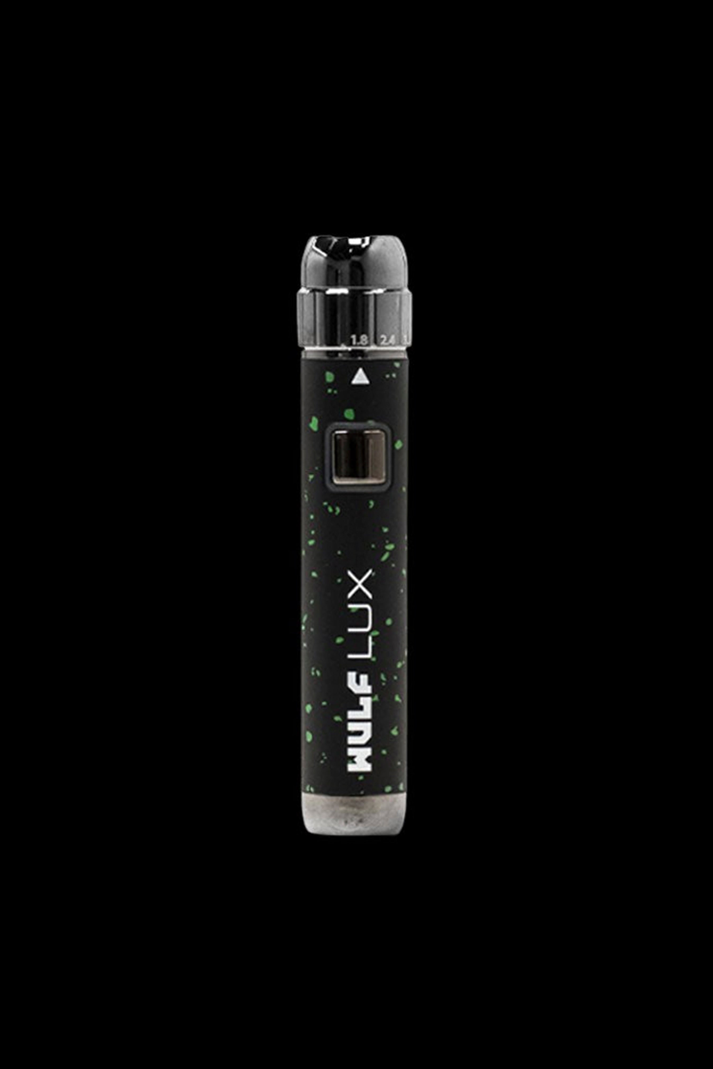 Black and green Wulf Lux cannabis vape pen with digital display.