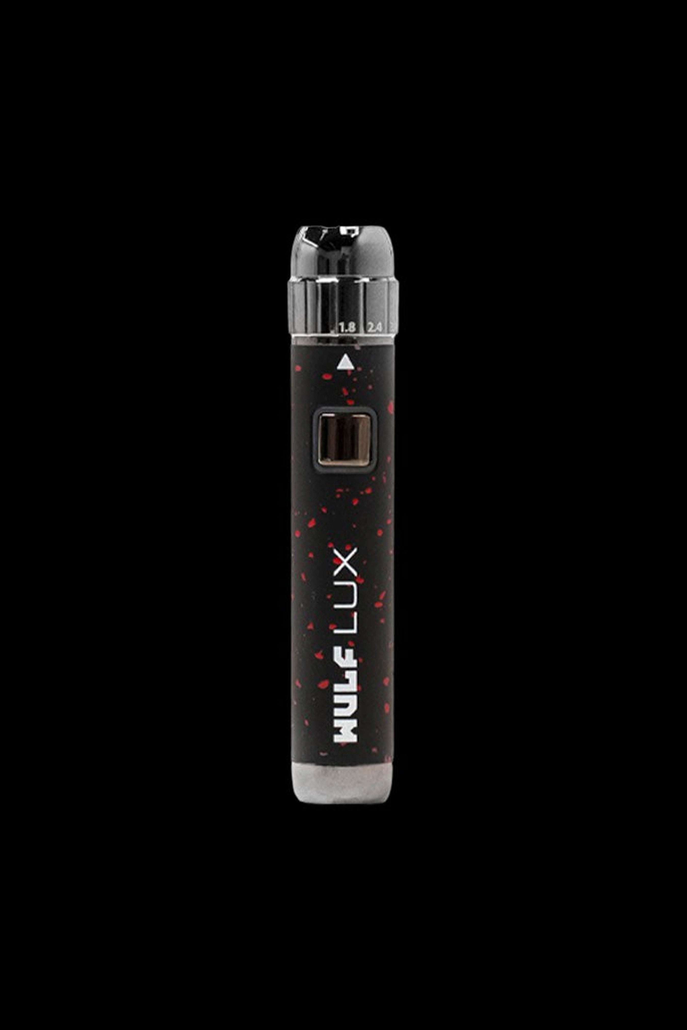 Black and silver cannabis vaporizer pen with red accents, labeled "Wulf Lux."